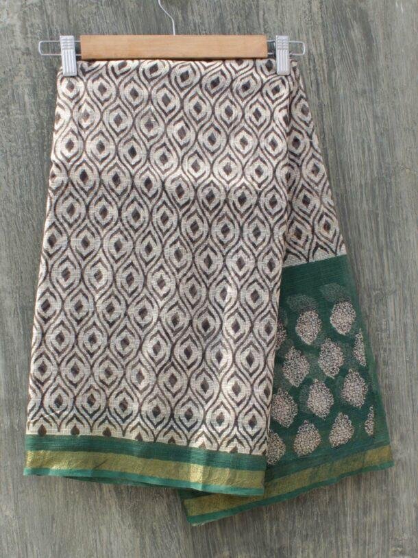 Black,-white,-green-block-printed-Kota-doria-cotton-saree at Shilphaat.com