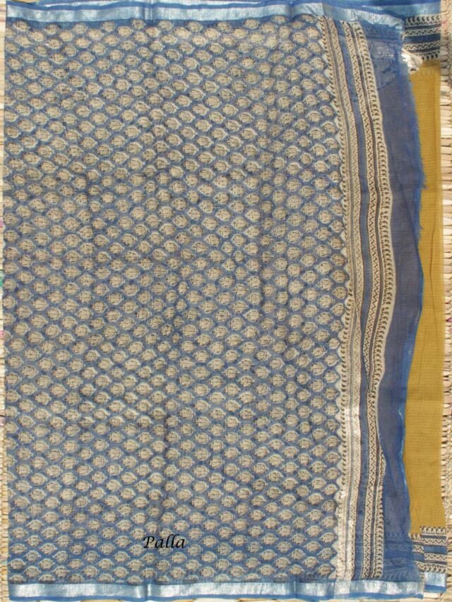 Blue-and-Heena-Green-block-printed-Kota-cotton-sari-Shilphaat
