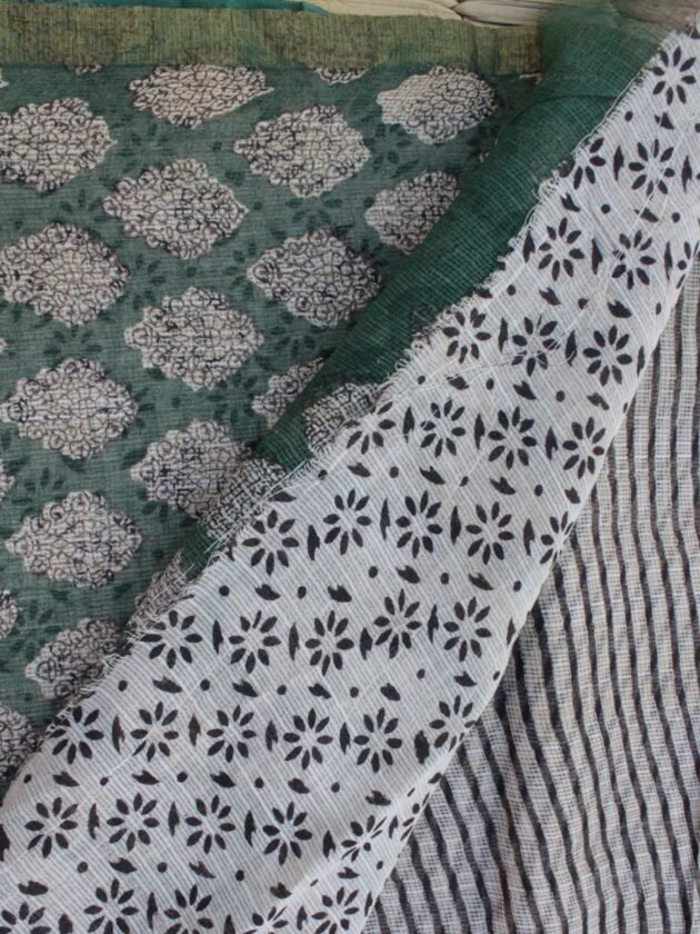Green,-Black,-white-block-printed-Kota-doria-sari-Shilphaat