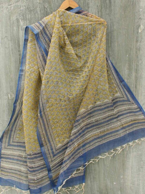 Yellowish-Green-Block-printed-kota-cotton-dupatta Shilphaat