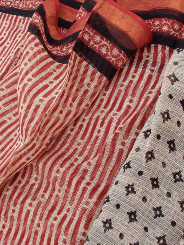 Dark-Red-and-Cream--block-printed-Kota-doria-sari-Shilphaat