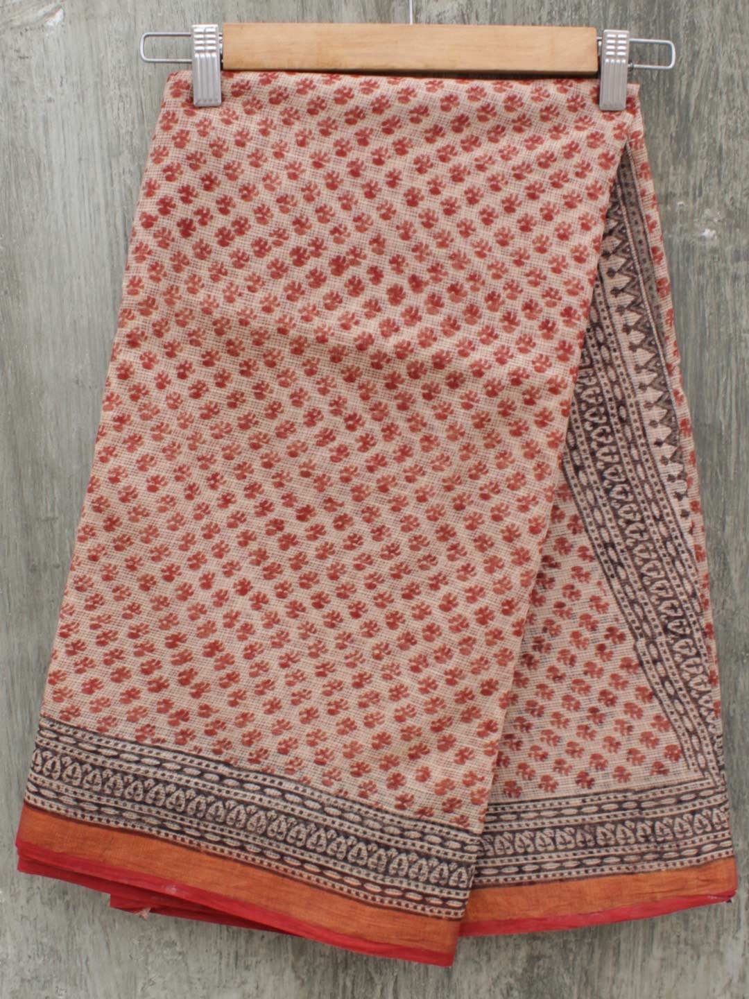 Red-and-Beige-block-printed-Kota-cotton-saree