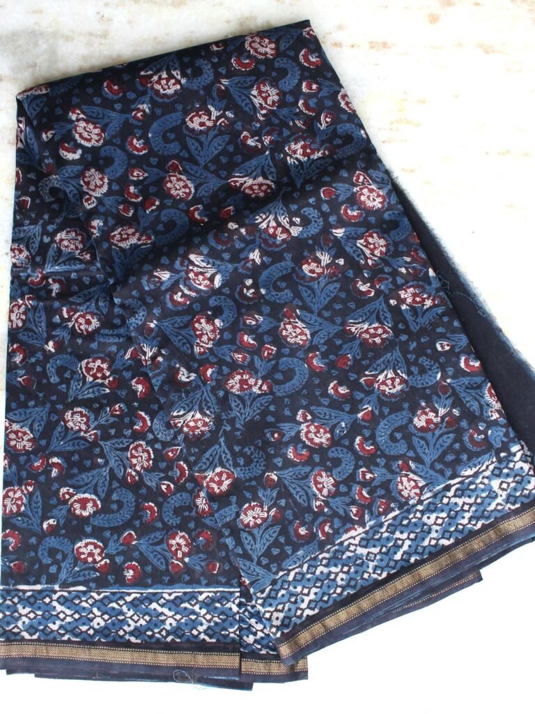 Bagru-Dabu Block-Print Indigo Chanderi Saree by Shilphaat.com