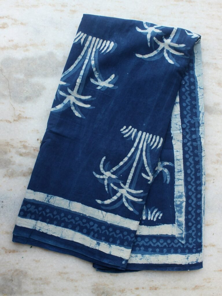Dabu Block printed Indigo Cotton Sari by Shilphaat