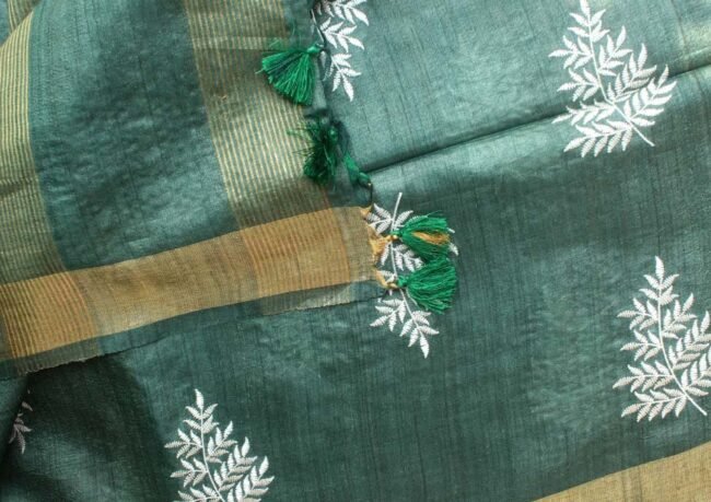 Hunter-Green-and-white-embroidered-desi-tussar-silk-sari-Shilphaat