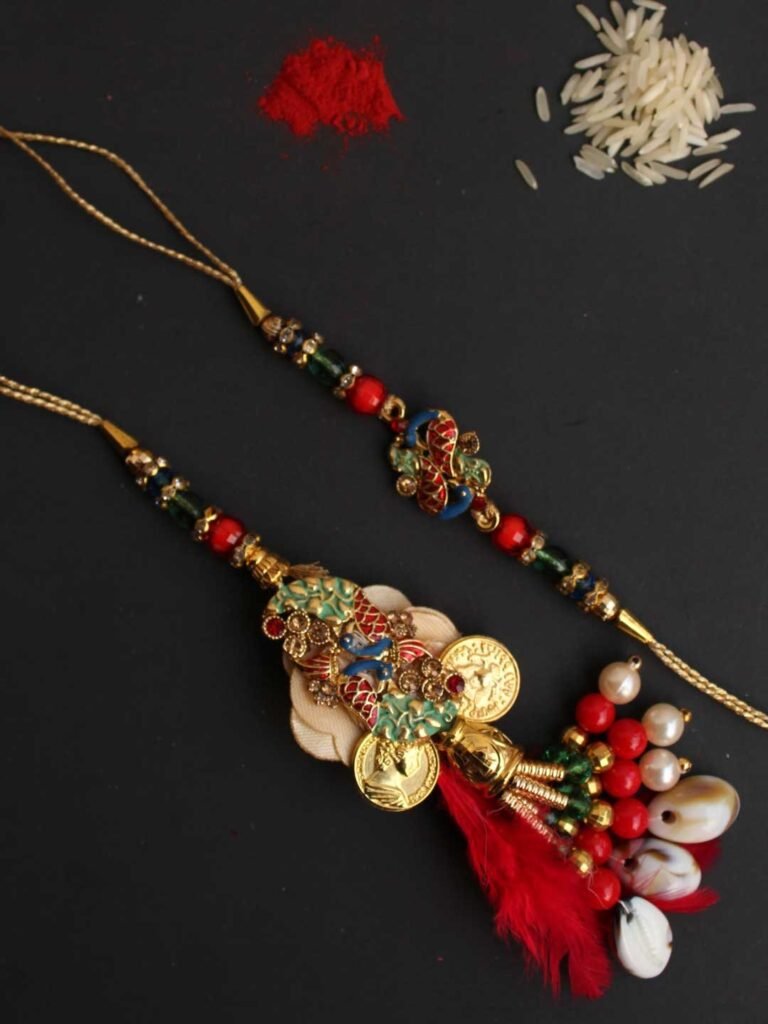 Red and Green Peacock Bhaiya-Bhabhi Rakhi at Shilphaat.com