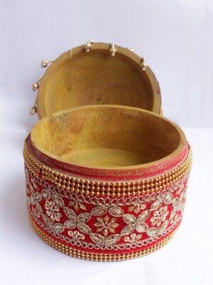 Golden-Zari-red-lace-wood-Sindur-box at Shilphaat.com