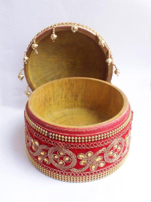 Golden-zari-red-wooden-Sindoor-box at Shilphaat.com