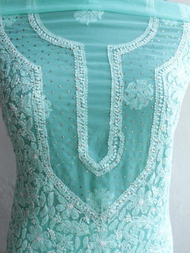 Mint-Green-Mukaish-chikankari-georgette-ladies-suit at Shilphaat.com