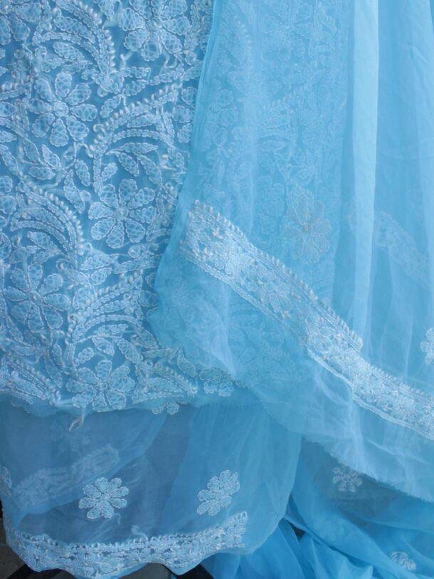 Sky-Blue-Mukesh-chikankari-georgette-dress-material at Shilphaat.com