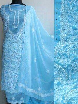 Sky-blue-mukaish-chikankari-georgette-Dress-material at Shilphaat.com