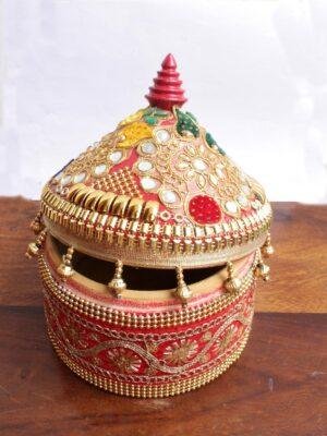 Zari-red-lace-wooden-Sindoor-box at Shilphaat.com