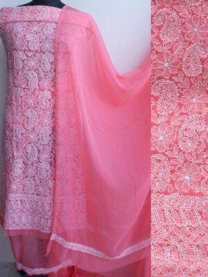 Carrot-Pink-Chikankari-georgette-dress-material at Shilphaat.com