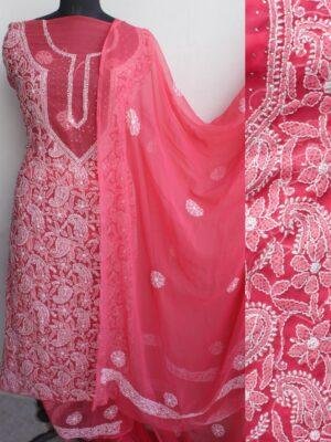 Carrot-Red-mukaish-chikankari-chiffon Dress-material at Shilphaat.com