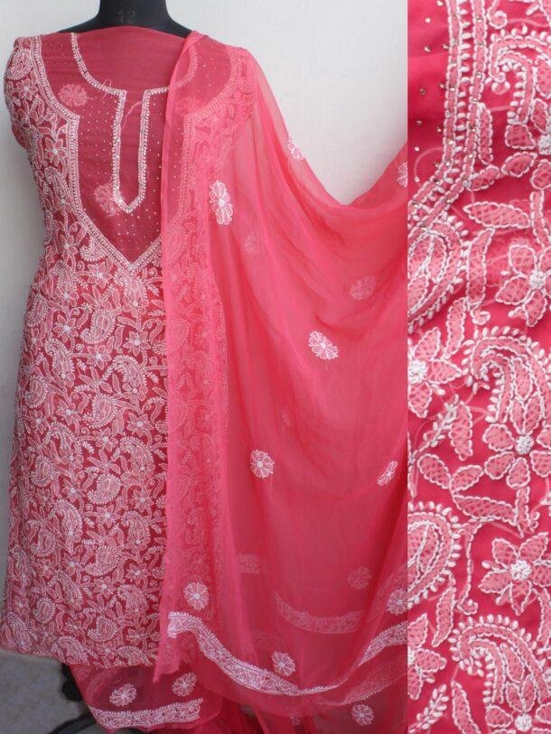 Carrot-Red-mukaish-chikankari-chiffon Dress-material at Shilphaat.com