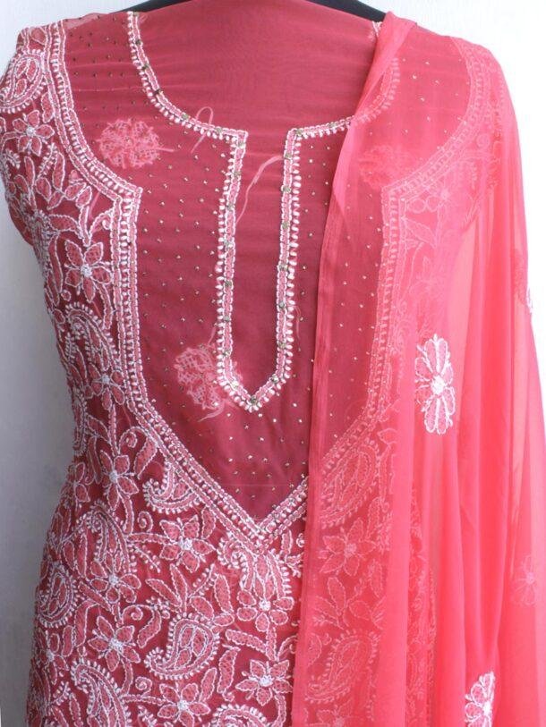 Carrot-red-Mukaish-chikankari-chiffon-3pc-ladies-suit at Shilphaat.com