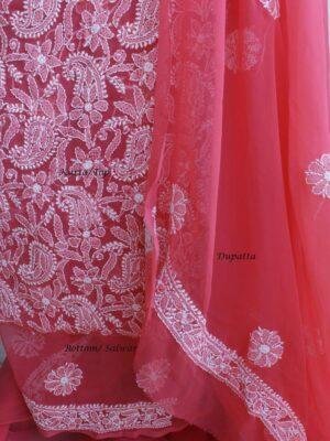 Carrot-red-Mukesh-chikankari-chiffon dress-material at Shilphaat.com