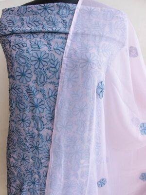 Blue-and-Pink-georgette-chikankari-3pc-lucknowi-suit at Shilphaat.com