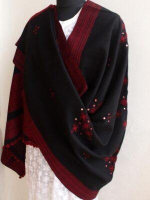 Black-and-Maroon-choumak-Mirrorwork-Bhujodi-shawl at Shilphaat