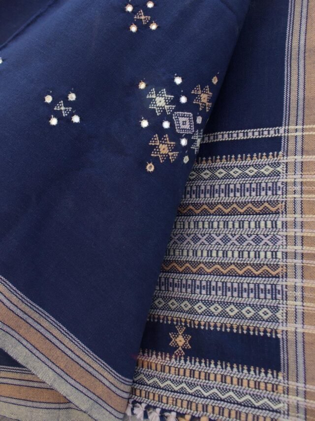 Dark-Blue-Mirrorwork-Bhujodi-shawl at Shilphaat.com