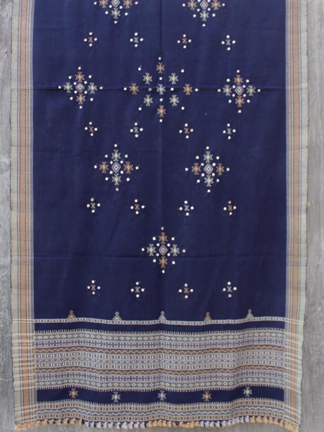 Dark-Blue-Mirrorwork-Bhujodi-wool-shawl at Shilphaat.com