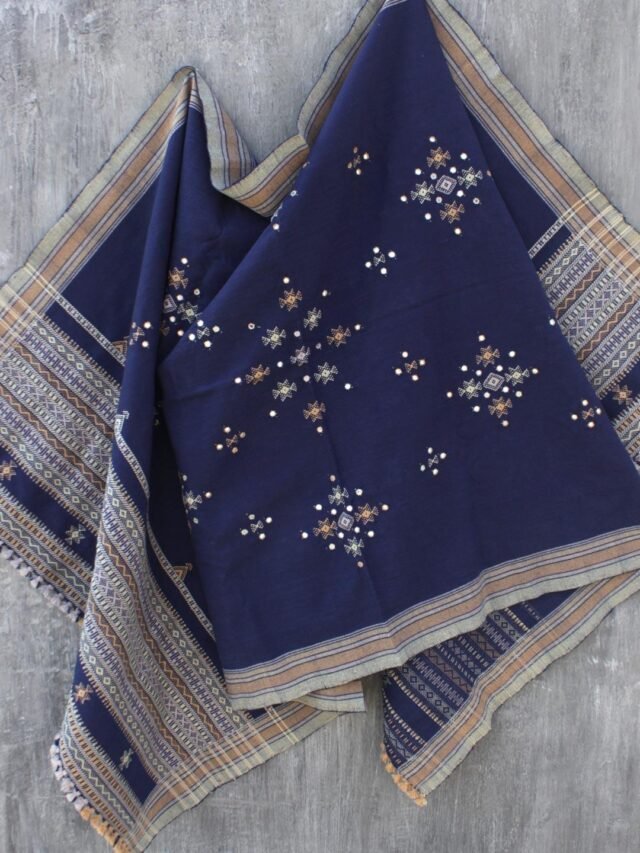 Dark-Blue-choumak-mirrorwork-Bhujodi-woolen-shawl at Shilphaat.com