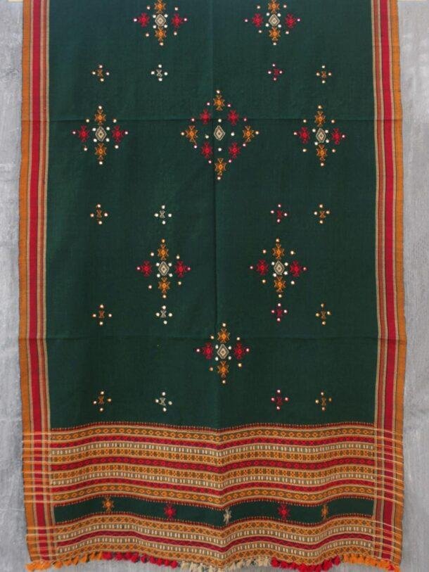 Dark-Green-Mirrorwork-Bhujodi-wool-shawl at Shilphaat.com