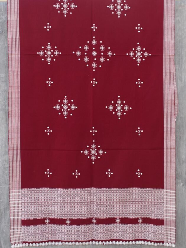 Dark-Red-Mirrorwork-Bhujodi-wool-shawl at Shilphaat.com
