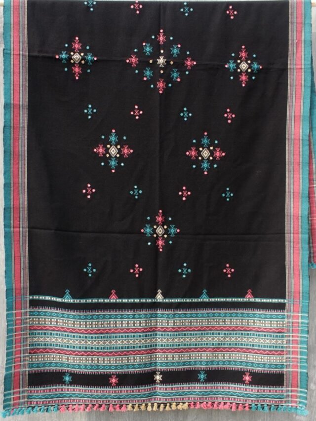 Multicolour-Black-Mirrorwork-Bhujodi-wool-shawl at Shilphaat.com