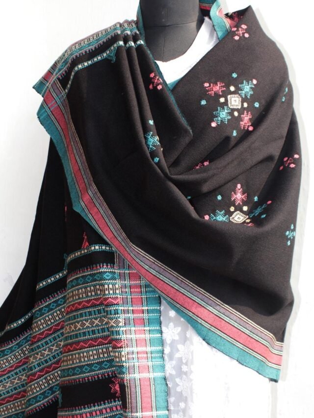 Multicolour-Black-choumak-Mirrorwork-Bhujodi-shawl at Shilphaat.com