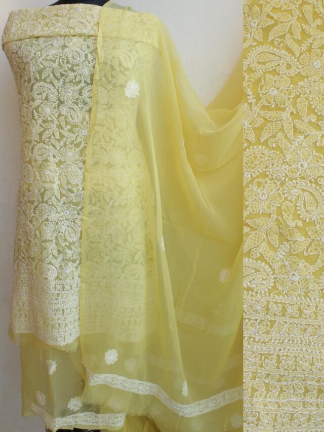 Mustard-Yellow-georgette-chikankari-dress-material at Shilphaat.com