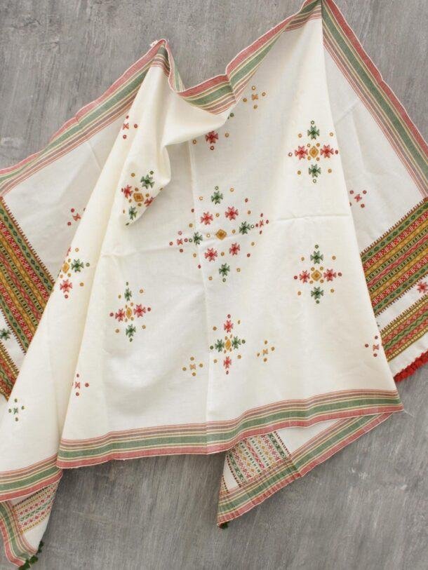 Off-White-choumak-Mirrorwork-Bhujodi-shawl at Shilphaat.com