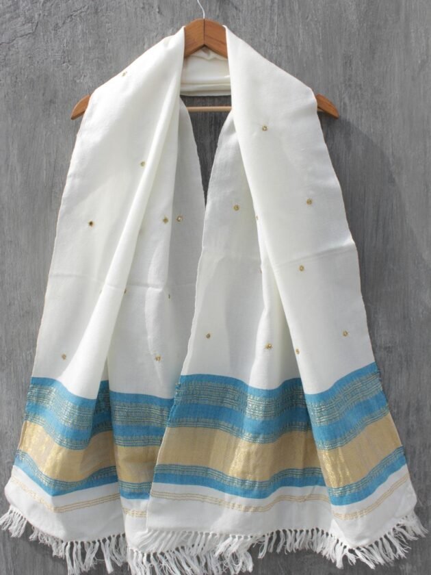 Blue-and-off-white mirrorwork-woolen-stole at Shilphaat.com