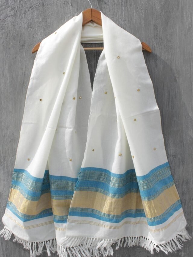Blue-and-off-white mirrorwork-woolen-stole at Shilphaat.com