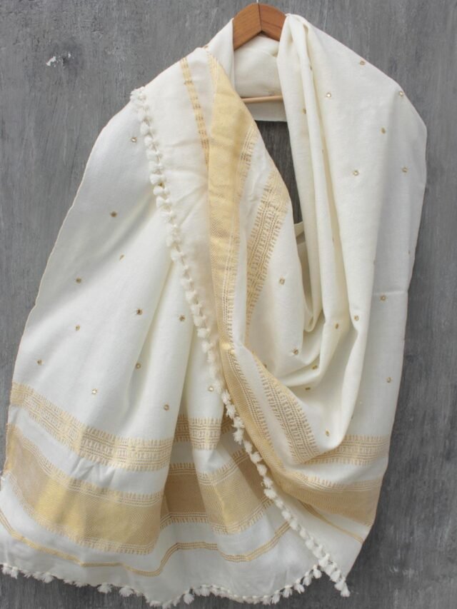 Cream-white-and-golden-mirrorwork-shawl at Shilphaat.com