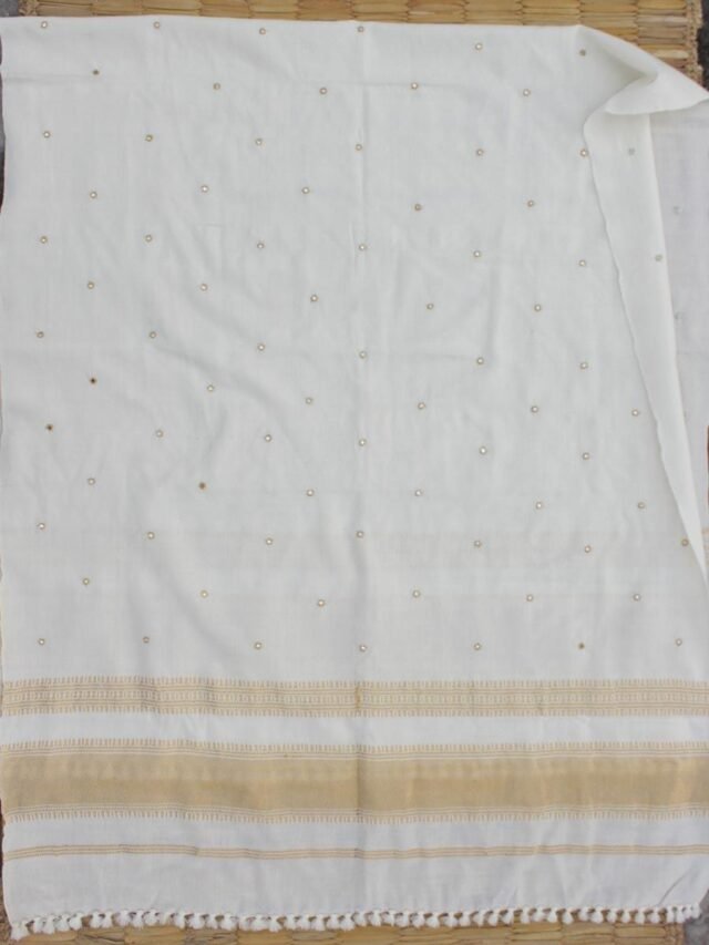 Cream-white-and-golden-woolen-mirrorwork-shawl at Shilphaat.com