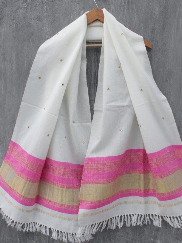 Pink-and-off-white-mirrorwork-woolen-stole at Shilphaat.com