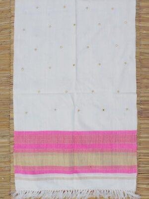 Pink-and-off-white-woolen-mirrorwork-shawl-scarf at Shilphaat.com