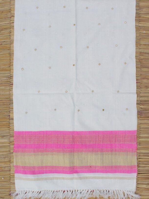 Pink-and-off-white-woolen-mirrorwork-shawl-scarf at Shilphaat.com