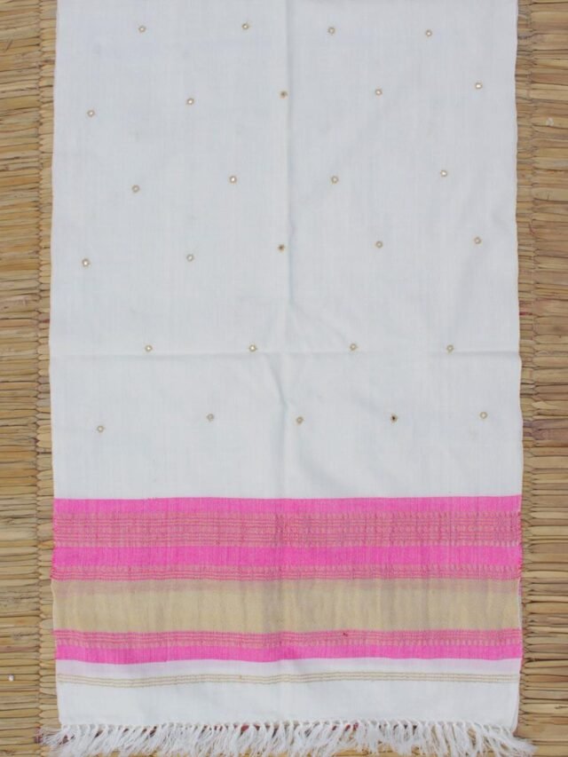 Pink-and-off-white-woolen-mirrorwork-shawl-scarf at Shilphaat.com