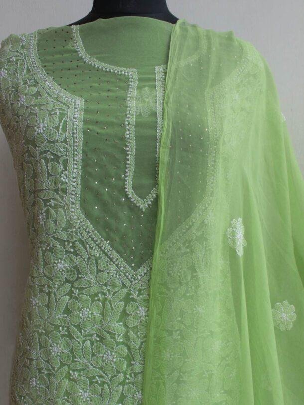 Banana-Green-Mukaish-chikankari-chiffon-3pc-ladies-suit at Shilphaat.com