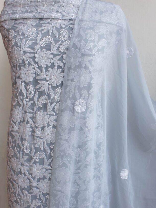 Light-Gray-georgette-chikankari-3pc-lucknowi-suit at Shilphaat.com