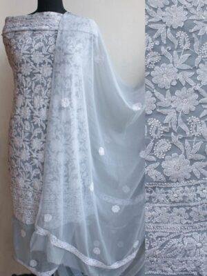 Light-Gray-resham-chikankari-3pc-dress-material at Shilphaat.com