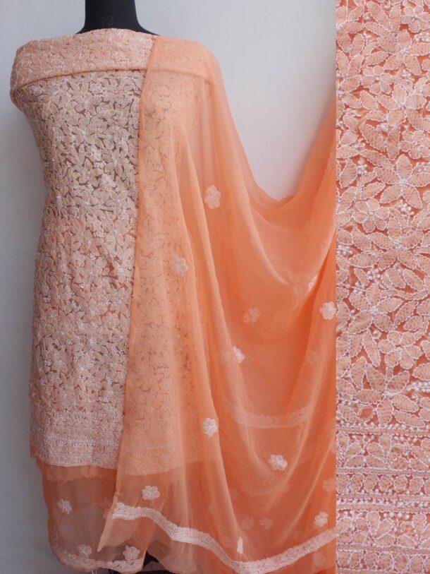 Orange-georgette-chikankari-dress-material at Shilphaat.com