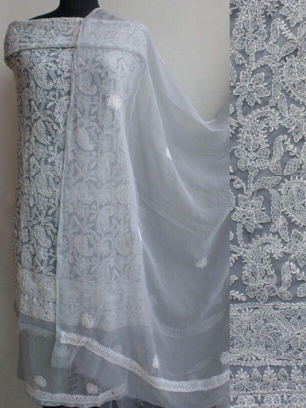 Steel-Gray-georgette-chikankari-dress-material at Shilphaat.com