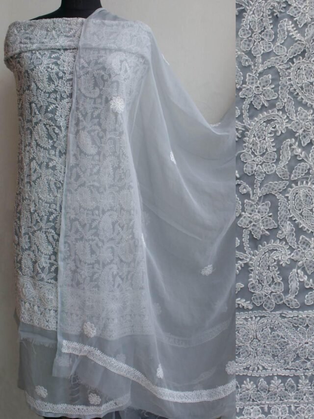 Steel-Gray-georgette-chikankari-dress-material at Shilphaat.com