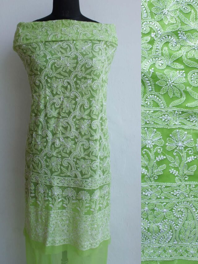 Dhani-Green-resham-chikankari-kurta-fabric at Shilphaat