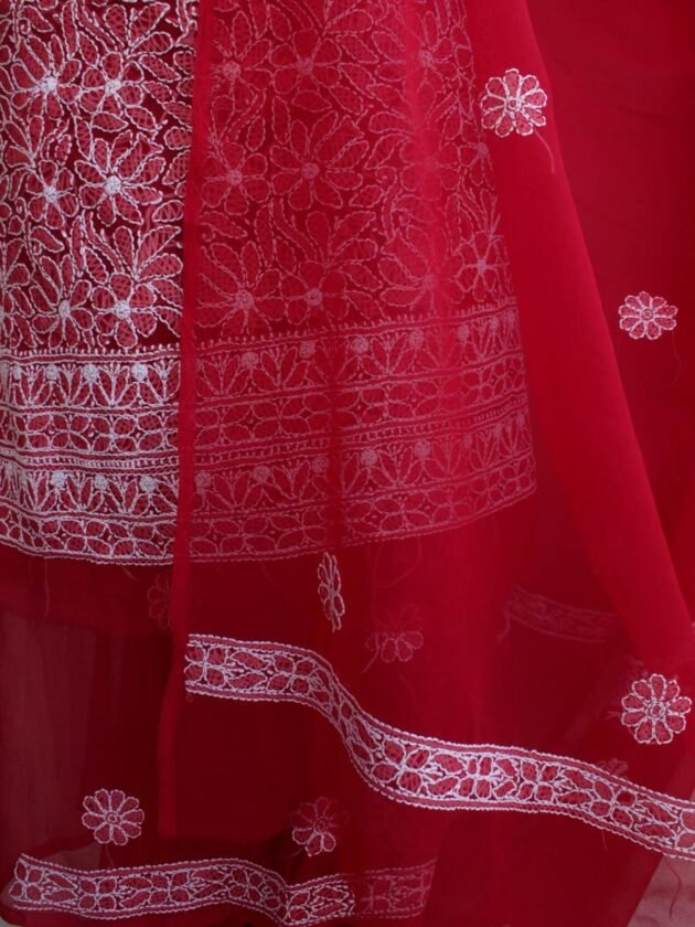 Red--georgette-chikankari-lucknowi-suit at Shilphaat.com