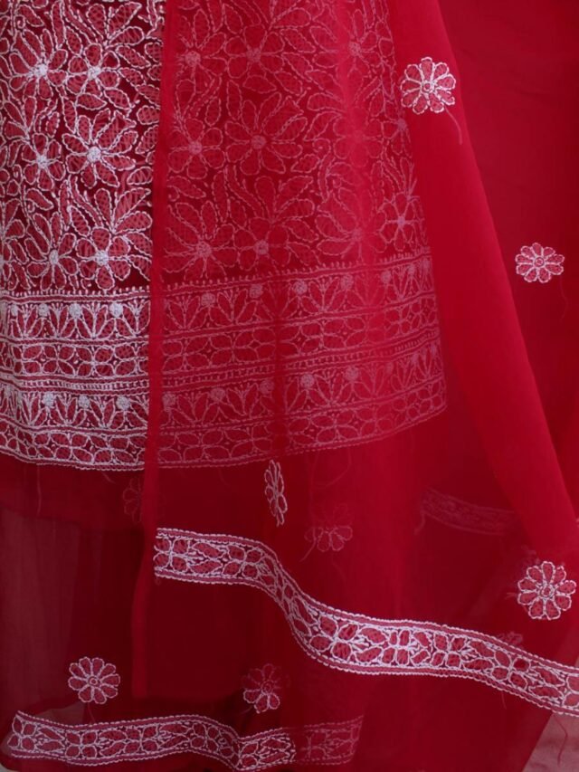 Red--georgette-chikankari-lucknowi-suit at Shilphaat.com