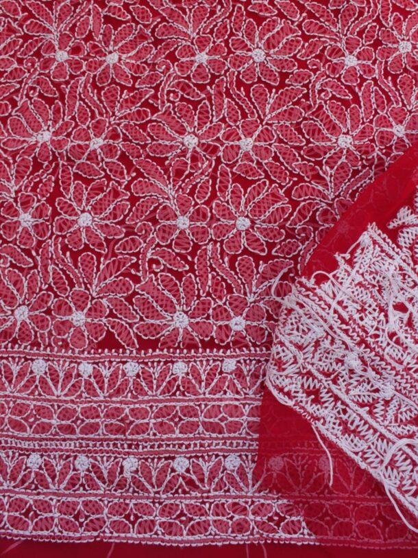 Red-georgette-chikankari-lucknowi-suit at Shilphaat.com